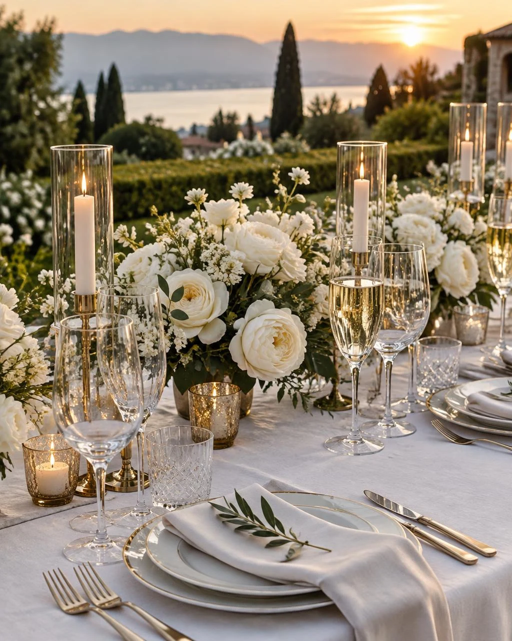 Ivory florals and candlelight on a wedding reception table