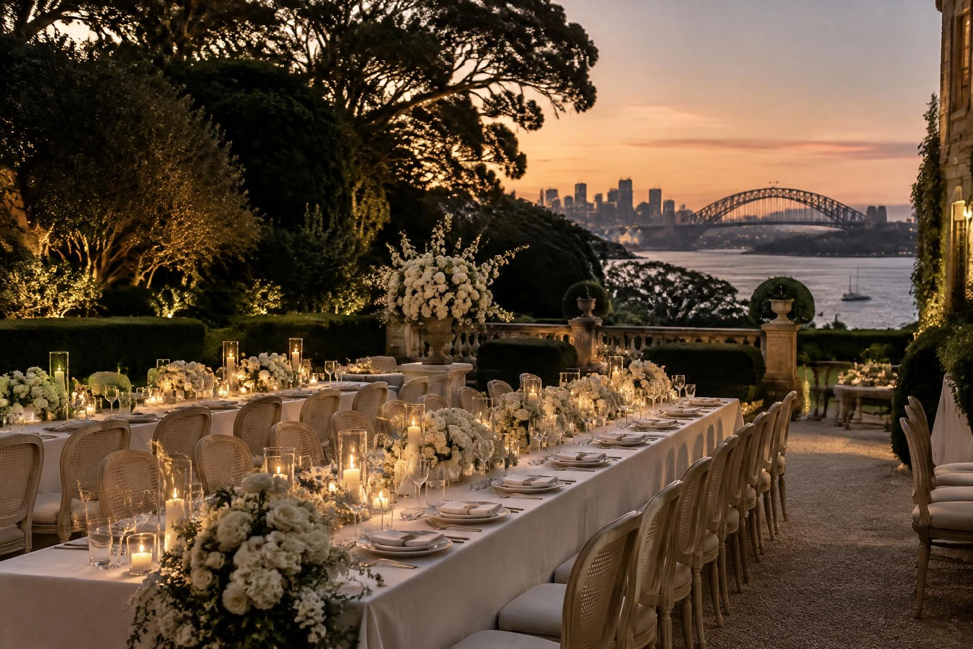 An elegant candlelit wedding reception overlooking Sydney Harbour
